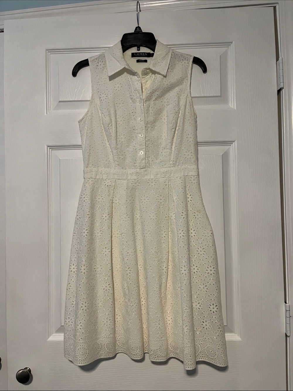Lauren Ralph Lauren Cream Eyelet Sleeveless Collared Dress